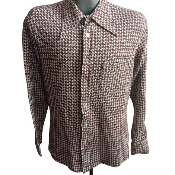 Large Vintage 1970s Brown/White Houndstooth Long Sleeve Button-Up Shirt Men's - Picture 1 of 5